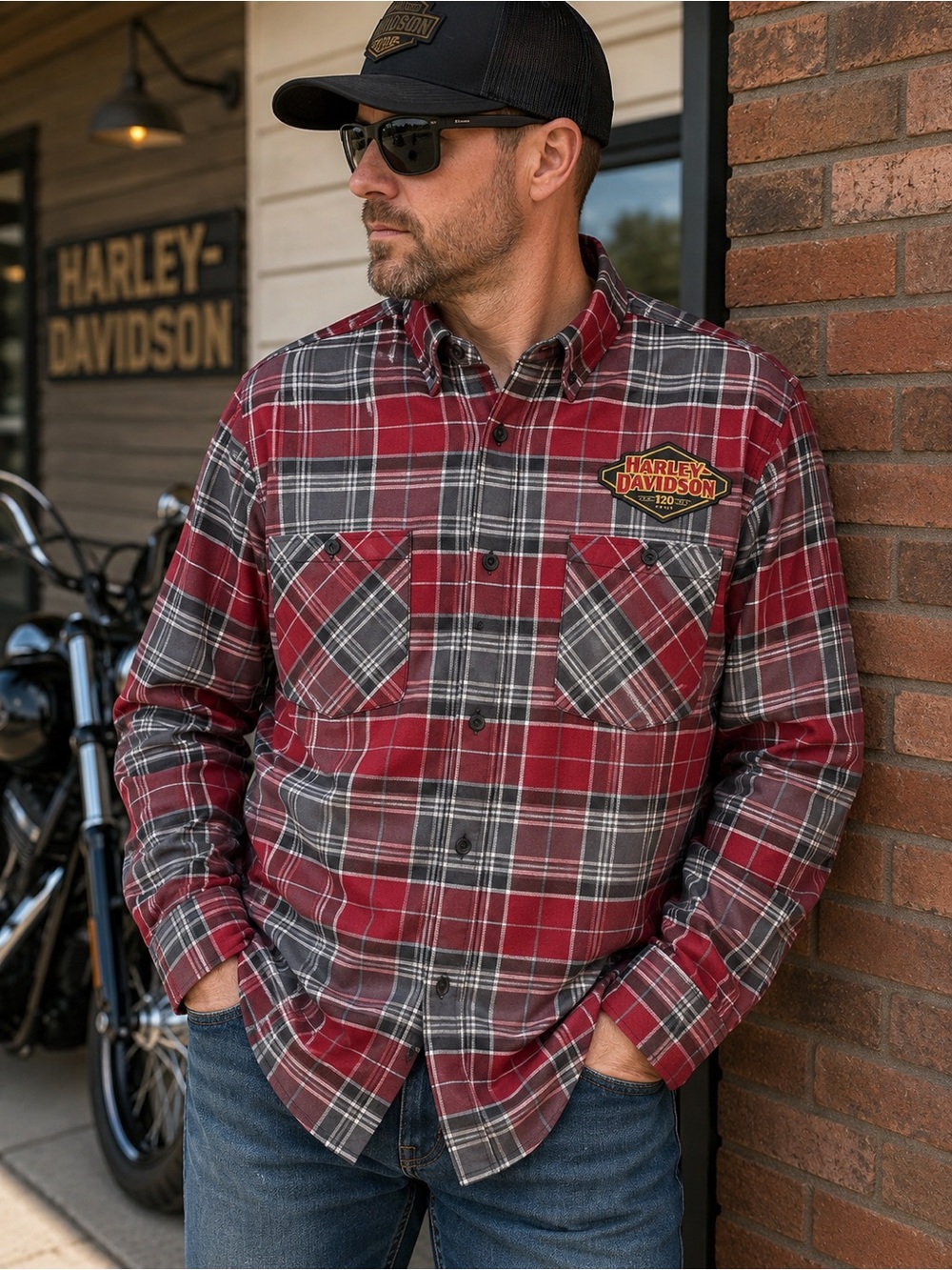 Harley-Davidson 120th Anniversary Plaid Button Up Shirt 2XL Red Gray Stretch